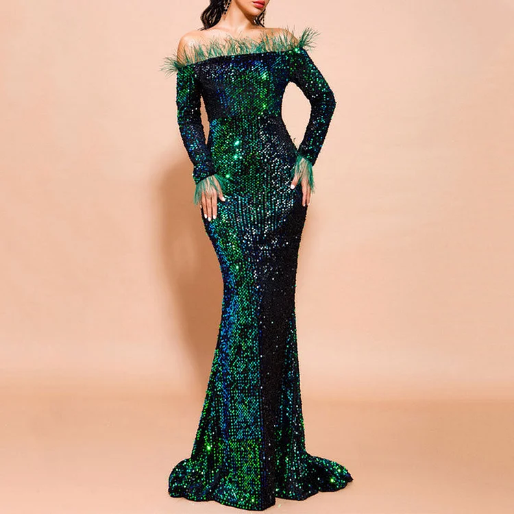 Sequins Off Shoulder Feather Design Floor-Length Evening Dress - IRBOOM Fashion Clothing