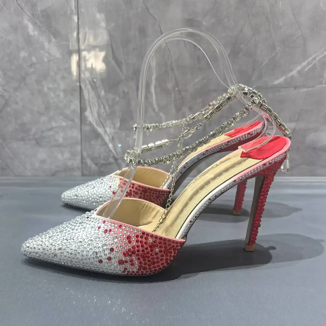 Women's 80mm/100mm/120mm High Heels Rhinestone Crystal Ankle Chain Pointed Toe Stilettos Pumps Shoes