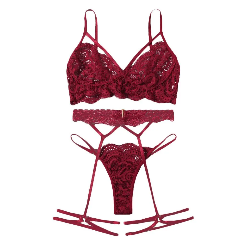 Sexy Lingerie Bra Set Women's Sexy Lace Red Sling Bra Thong Garter Underwear Set S-XL Sleepwear Lingerie Sets Lenceria