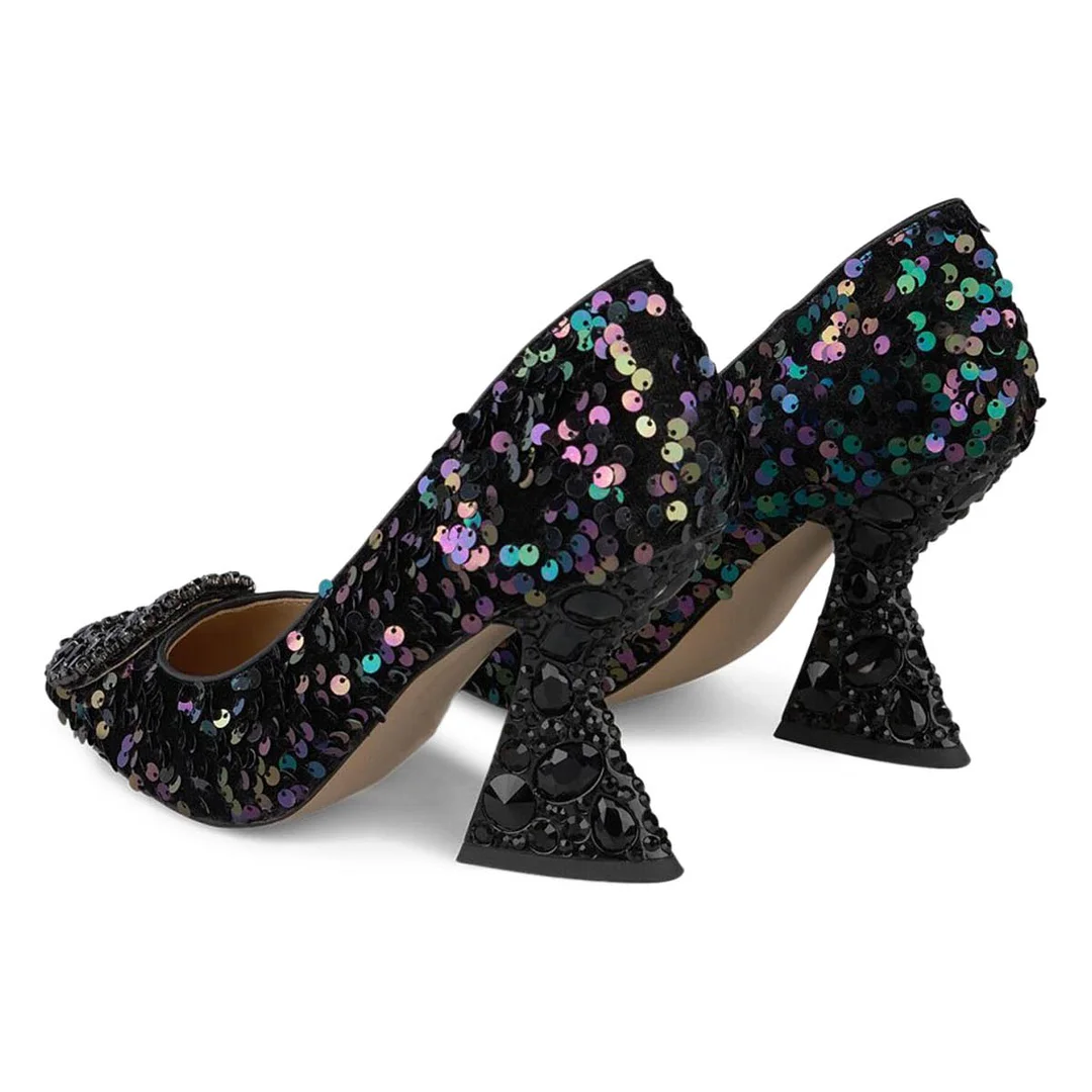 Black Rainbow Sparkling Sequined Pointed Toe Rhinestone Pumps