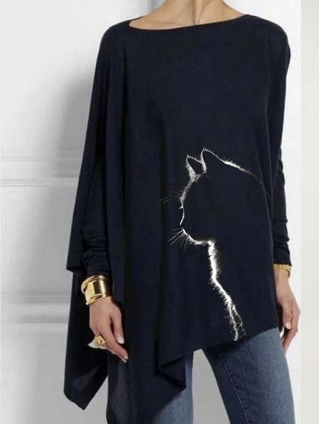 UR Women Cat Print Long Sleeve Irregular Blouse