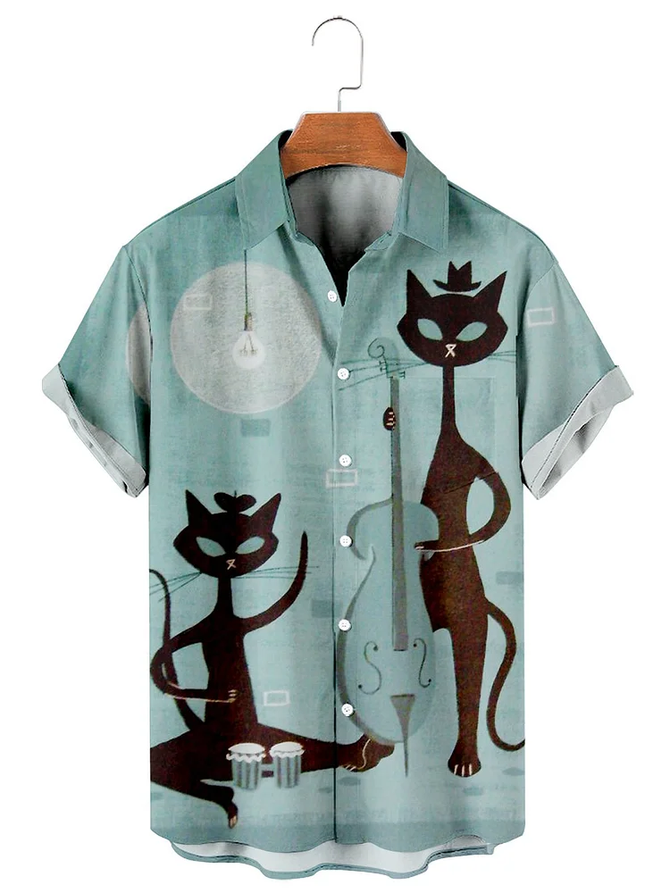 Men's Vintage Music Jazz Cat Casual Print Shirt socialshop