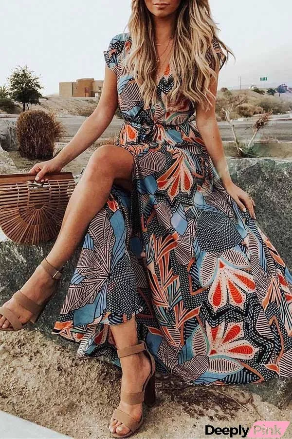 V-neck Short Sleeve Bohemian Maxi Dress