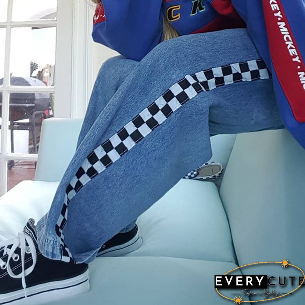 Women's Casual Color Matching Black And White Plaid Print Trousers