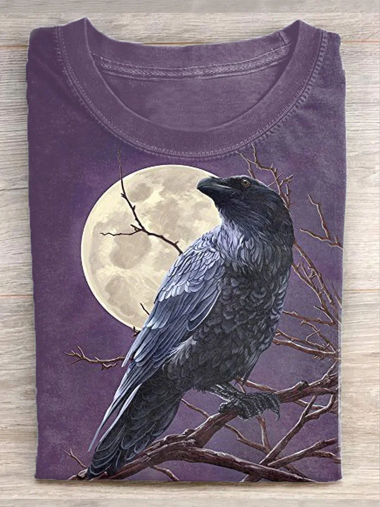 Unisex Crow Illustration Casual Short Sleeve T-Shirt