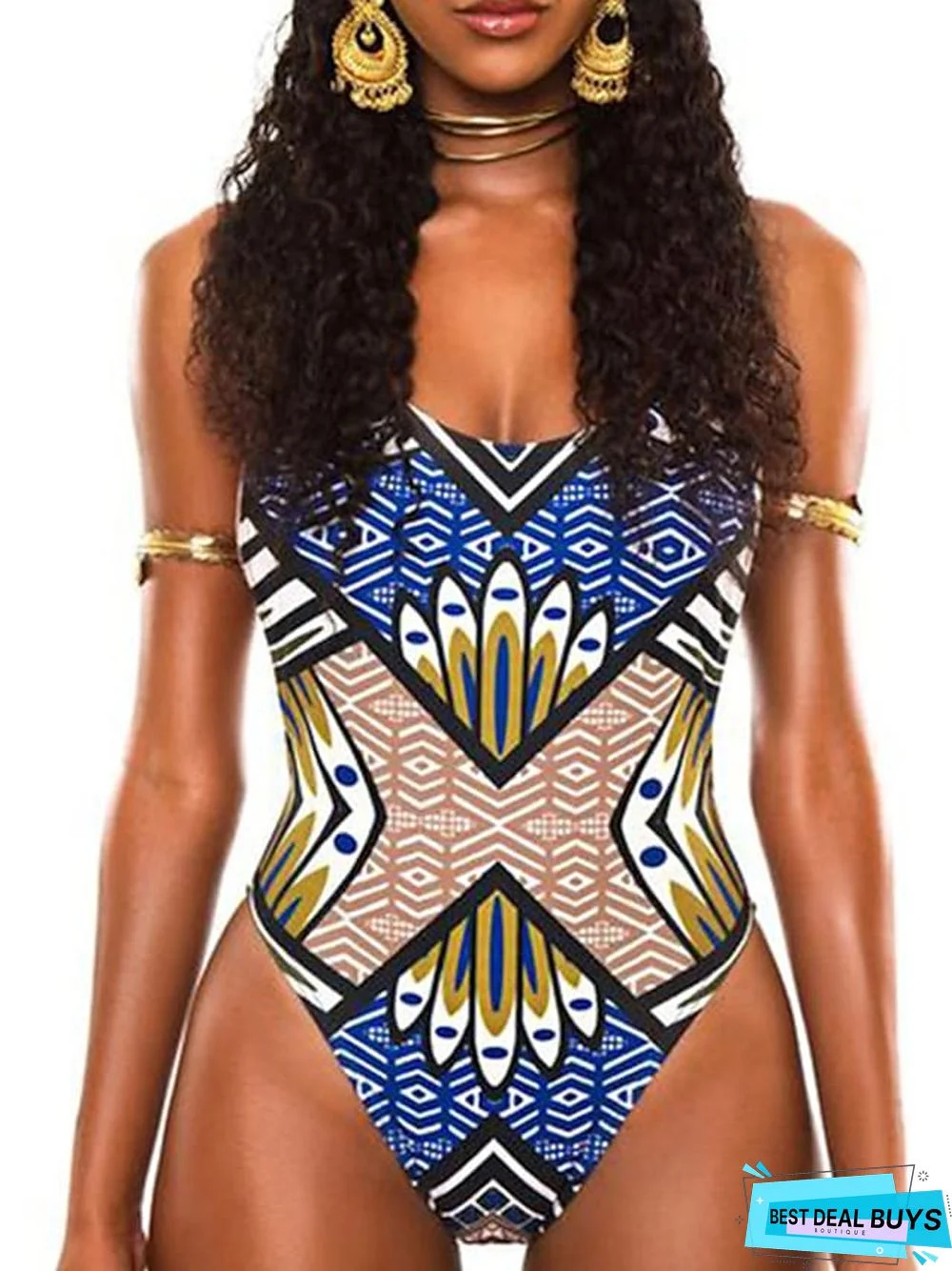 Women's Swimwear One Piece Monokini Bathing Suits Normal Swimsuit Tummy Control Open Back Printing High Waisted Geometric Abstract Blue Yellow Rosy Pink Royal Blue Navy Blue Scoop Neck Bathing Suits