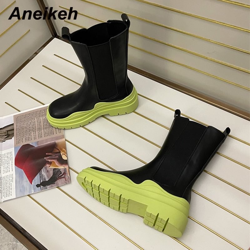 Aneikeh Spring Botines Mujer 2021 Bordered Platform Mid-Calf Women Shoes Chelsea Boots Fashion MATURE Squared Heel Size 35-39
