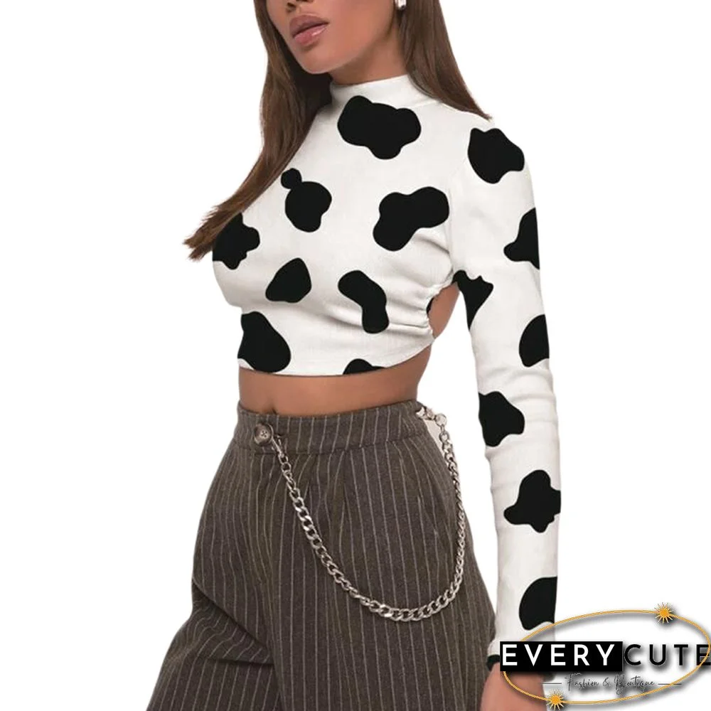 White Cow Print Long Sleeve Crop Top