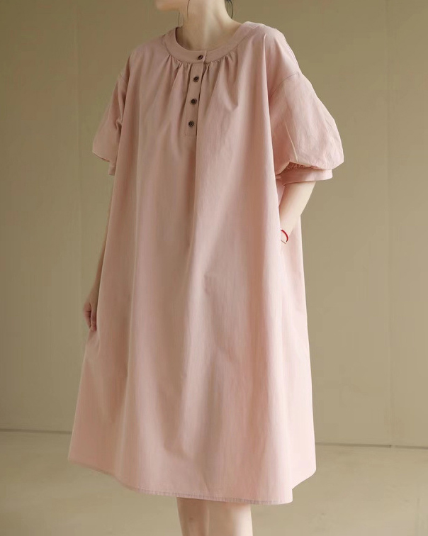 Short Puffed Sleeve Round Neck Loose Midi Dress