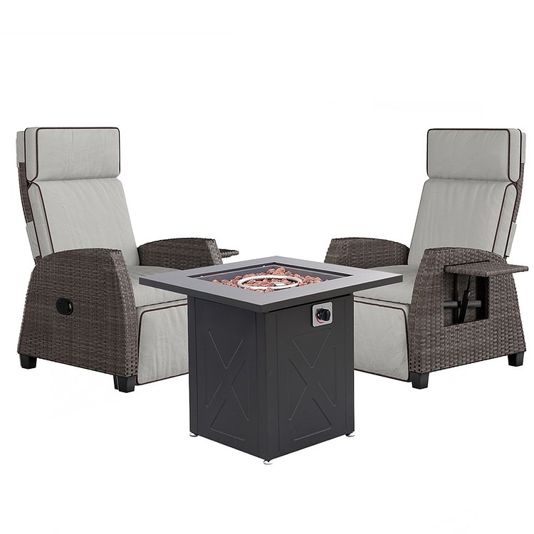 MOOR Outdoor Wicker Recliner with 28" Fire Pit Table 3 Pieces