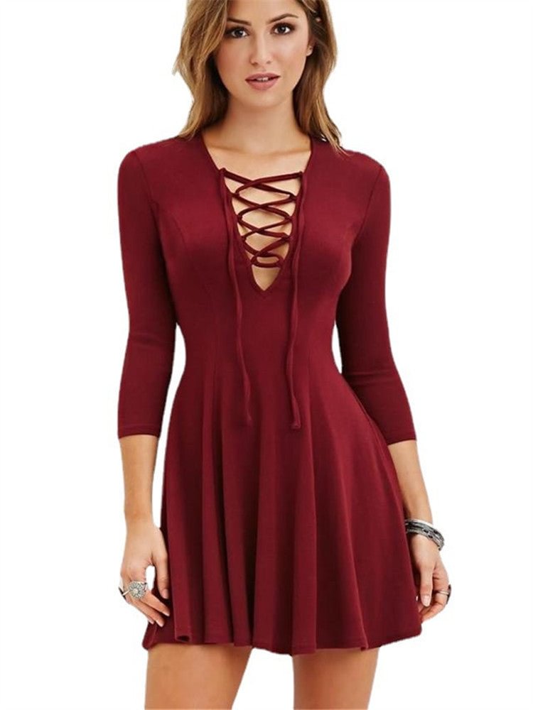 Women's Sexy Crossover Lace Up Wide Hem Long Sleeve Dress