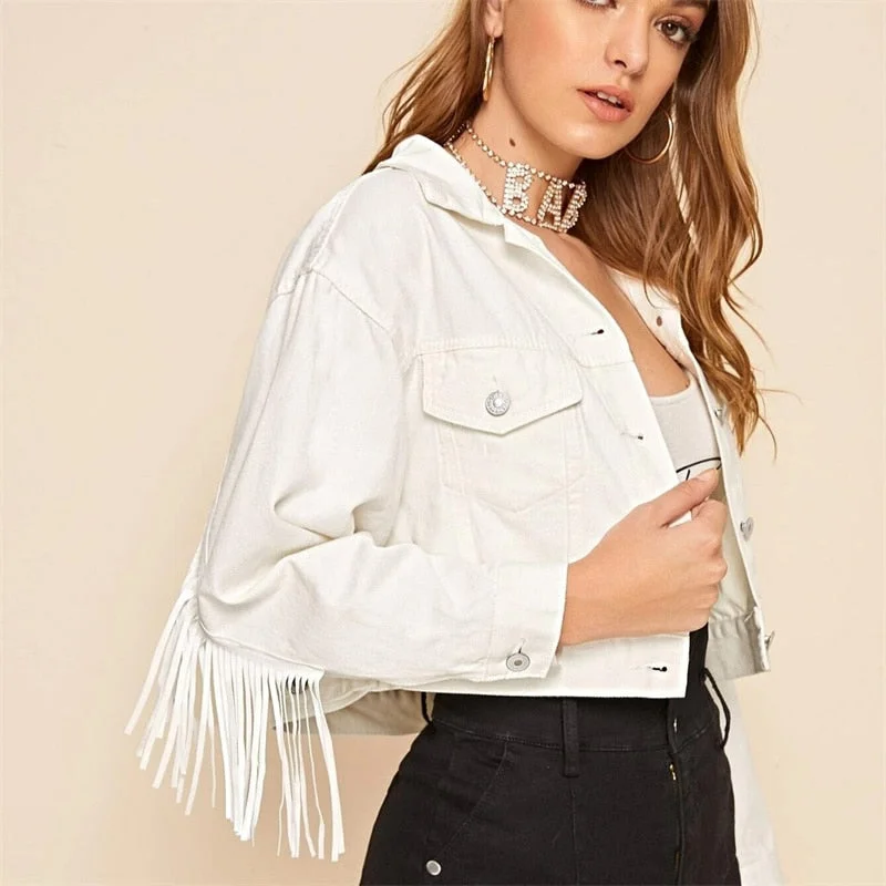 New Autumn Women Fashion Long Sleeve Casual Ladies Outerwear Chaqueta Mujer Stylish Fringe Beaded Loose Denim Jacket Coat