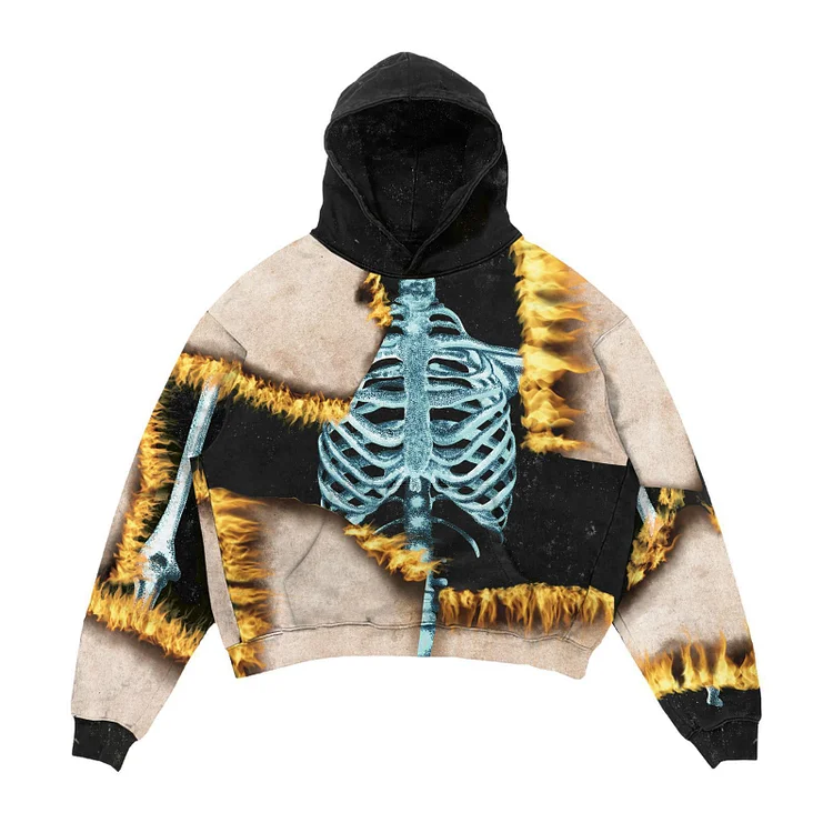 Burning Blue Skull Lazy Street 3D Printing Loose Hooded long-sleeved Sweater Hoodie at Hiphopee