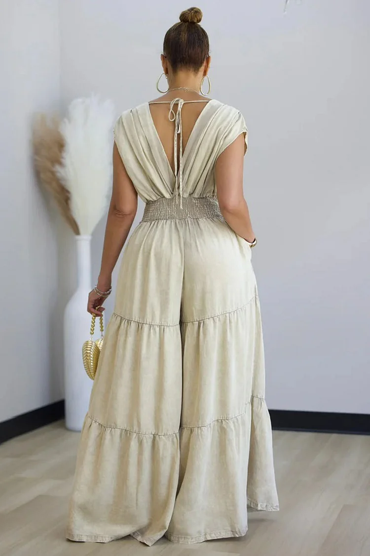 V Neck Sleeveless Ruched Waist Vacation Wide Leg Jumpsuit-Beige [Pre Order]