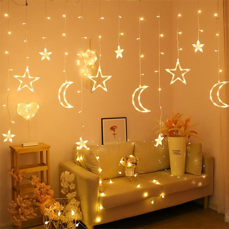 Moon Star LED Fairy Lights String Christmas New Year Curtain Lamp Eid Mubarak Party Decoration For Home Bedroom Ramadan Kareem
