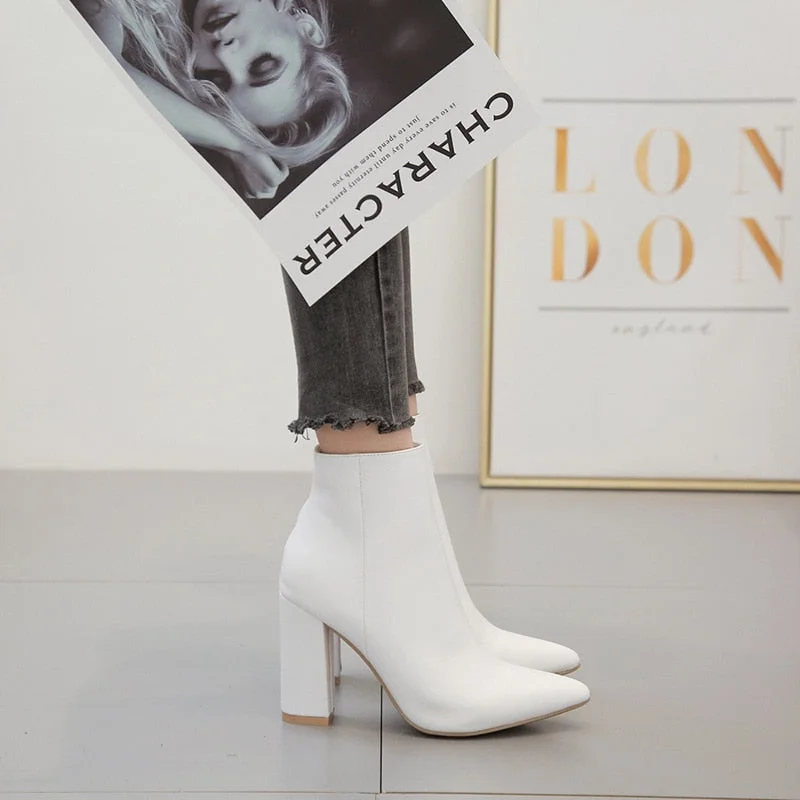 Comemore New Spring Autumn Boots Women's Shoes High Heels Winter Woman White Pointed Thick Heel Women Dress Short Ankle Boots 40