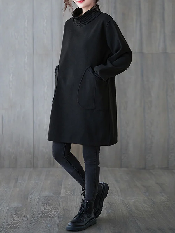 Warm Solid Color High-Neck Mini Dress