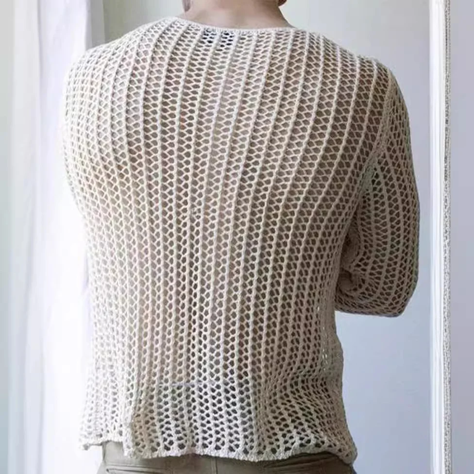 Uveng Uveng Men Summer Sun Protection Coat Hollow-Out Breathable Long Sleeve Round Neck Knit Men's Jumper Men's Top