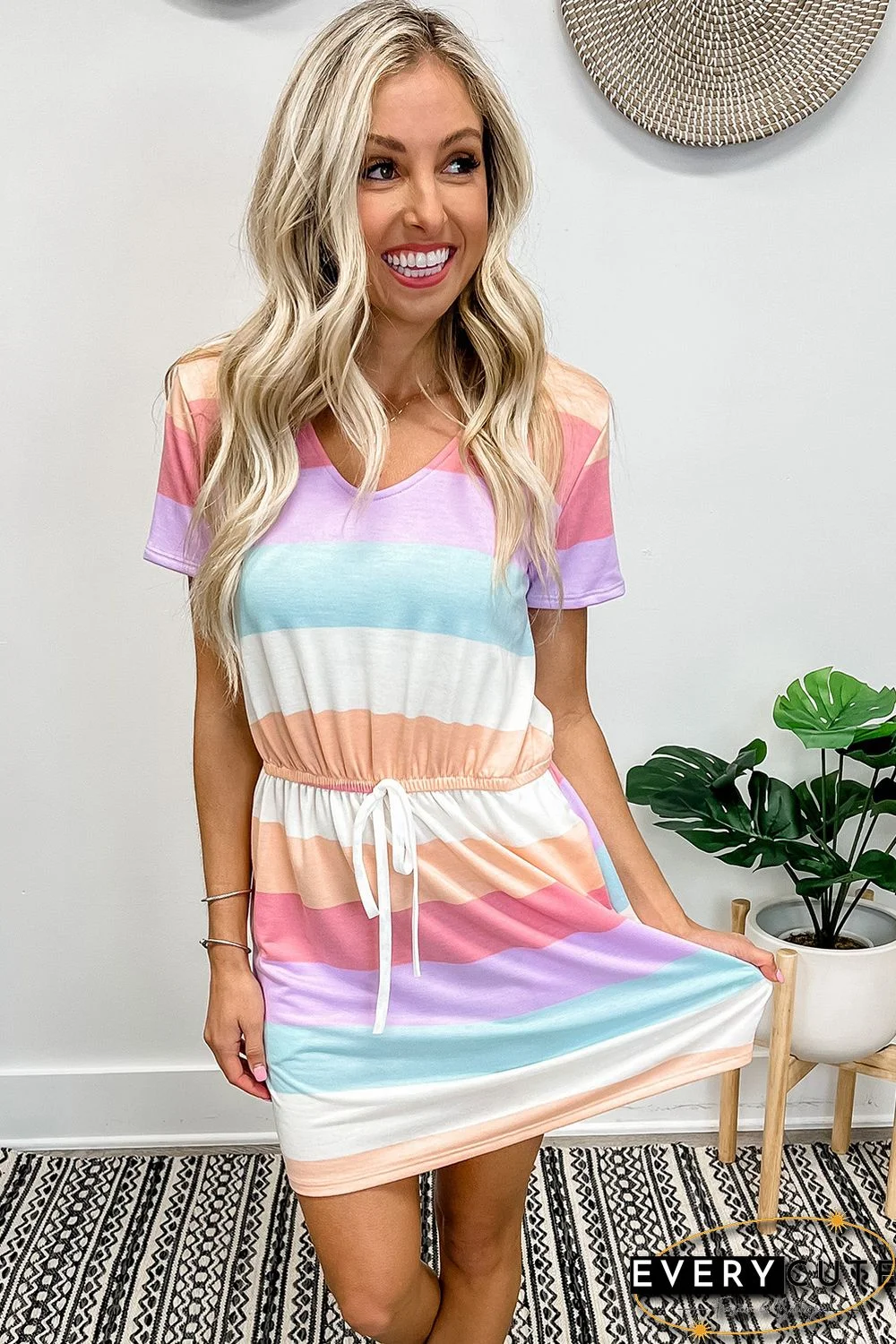 Multicolor Striped Drawstring V Neck T Shirt Dress