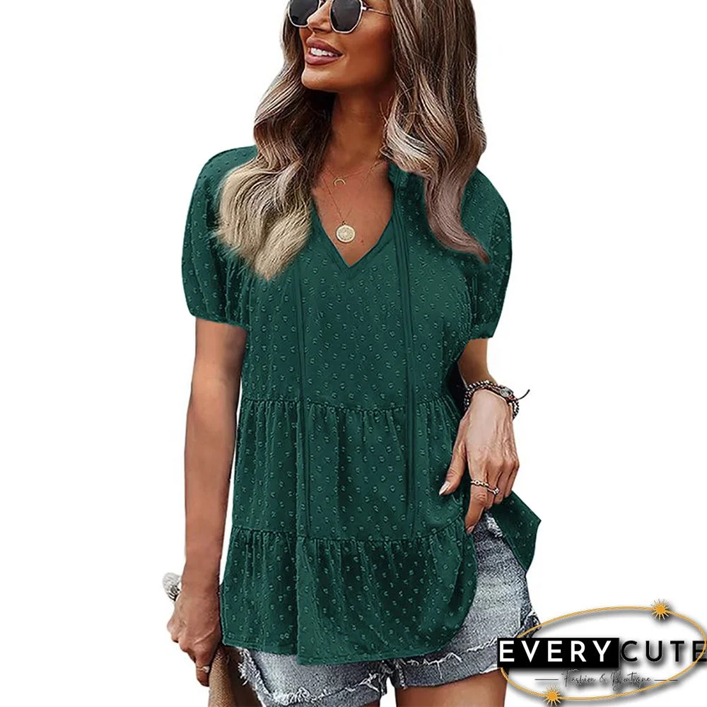 Green V Neck Lace-up Short Puff Sleeve Tops