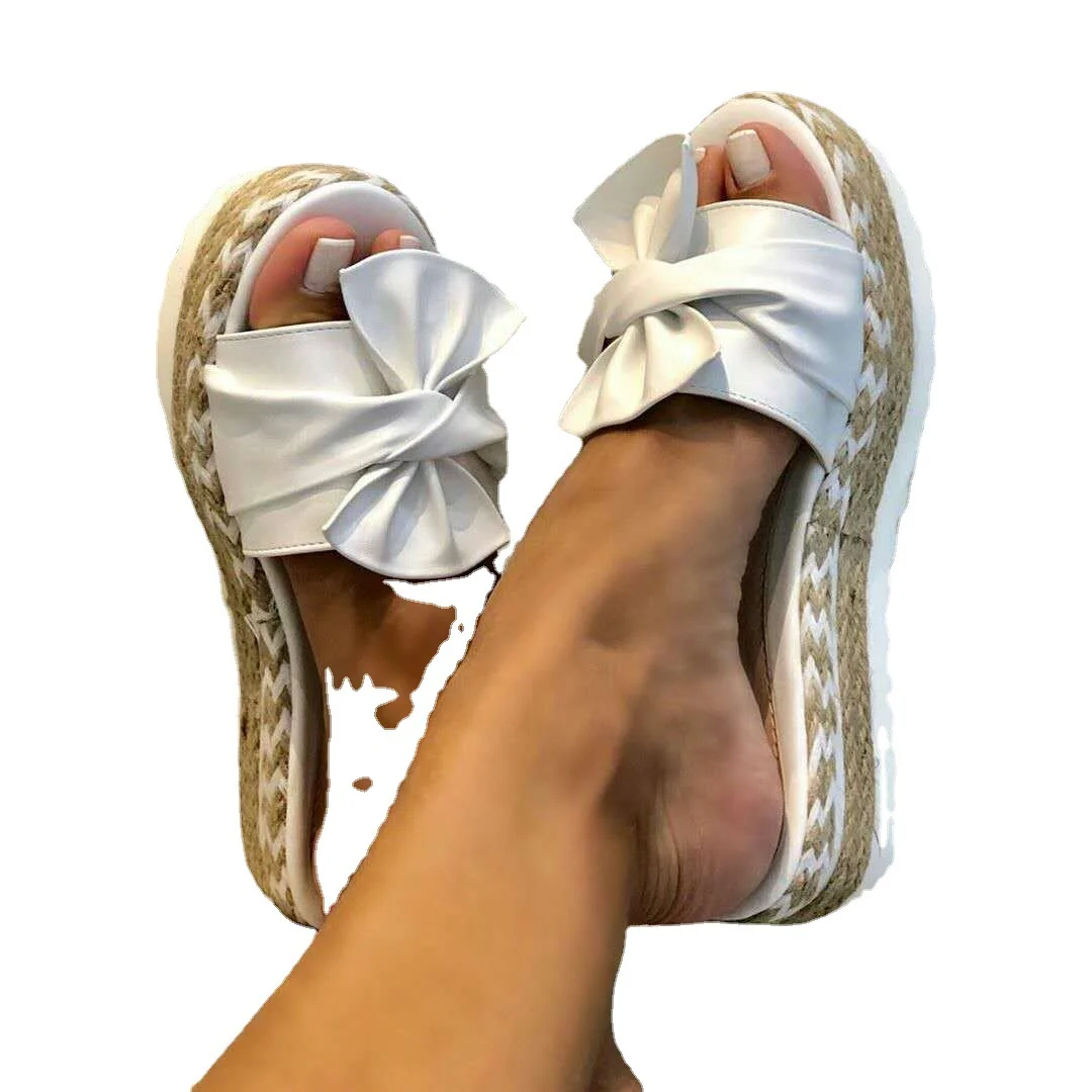 Breakj Breakj 2025 Summer New Bow Beach Women Slippers Thick Bottom Slope And Hemp Rope Large Women's Shoes