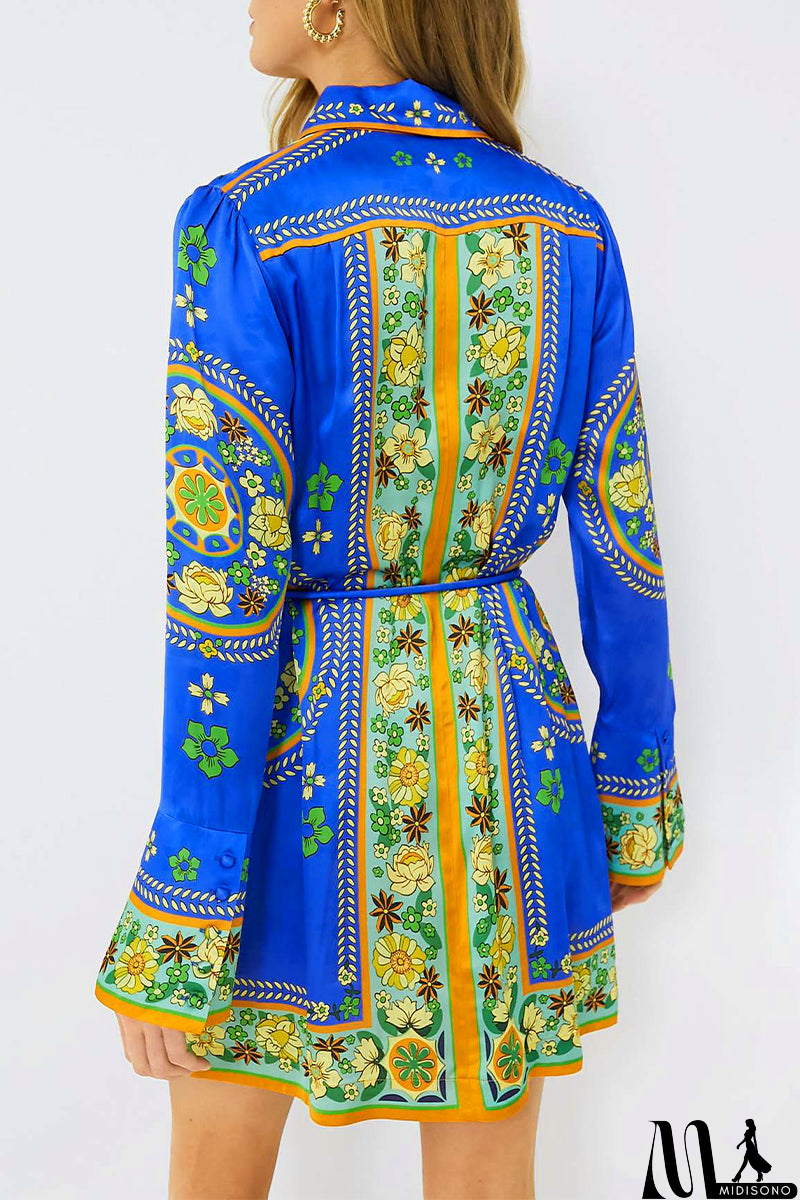 MidiSono - Casual Flowers Print Lace Up Turndown Collar Shirt Dresses