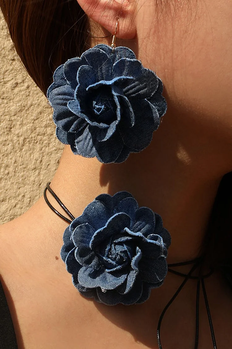 Fashion Blue Denim 3D Flower Earrings Necklace Jewelry Set