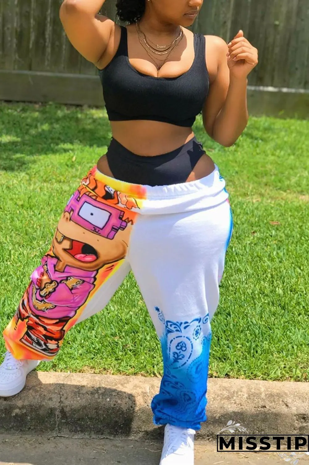 Multicolor Fashion Printed Mid Waist Loose Trousers