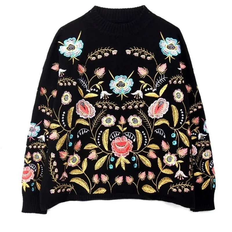 New Boho Floral Embroidery Knitted Pullovers Sweater Women Casual Long Sleeve O-neck Spring Jumper Female Loose sweaters
