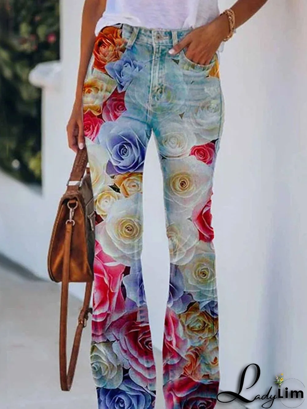 Daily Floral Graphic High Waisted Pocket Flared Pants