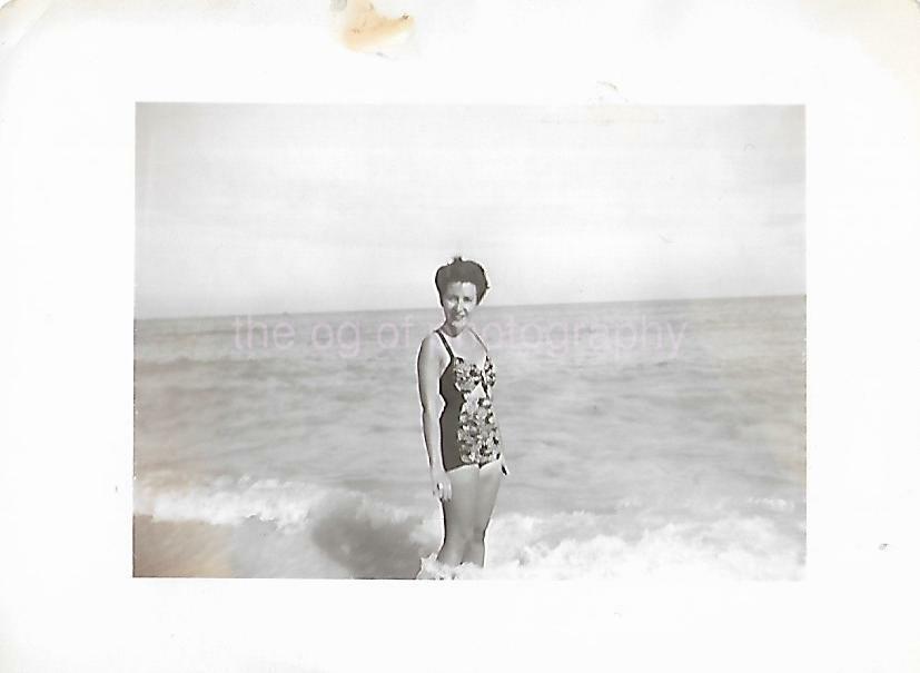 Vintage FOUND Photo Poster painting bw MID CENTURY WOMAN Original Snapshot BEACH GIRL 19 19 O