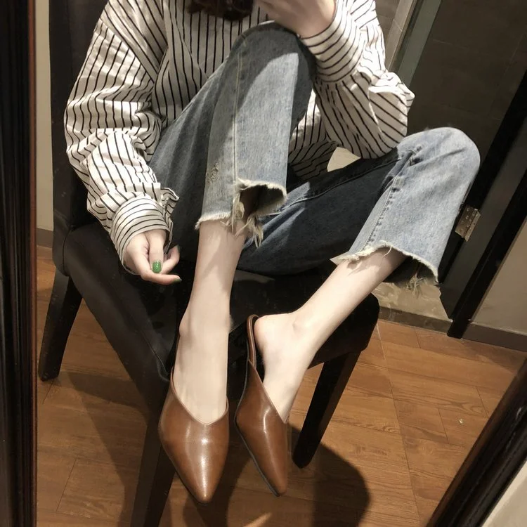 Wongn Wongn Summer New Korean Version Of Pointed Head Half Drag Pointed Head Thick Heel Slippers High Heels Women's Shoes