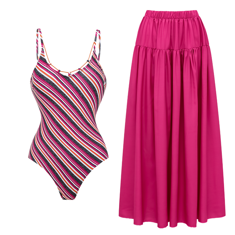 Stripe Solid Color Contrast Print Swimsuit and Skirt