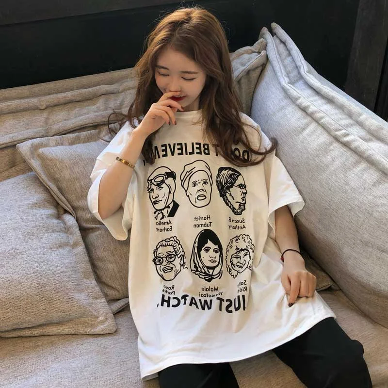 Summer Short Sleeve T-shirts Women Printed Chic Harjuku Plus Size 2XL Loose Leisure Simple Tees Womens Teens Oversize All-match