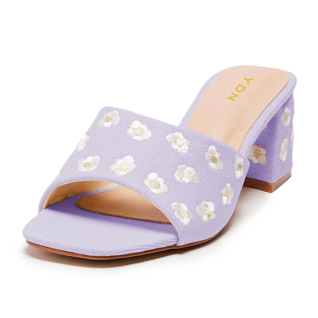 Light Purple Block Heel Flower Embroidery Slide Shoes for Women