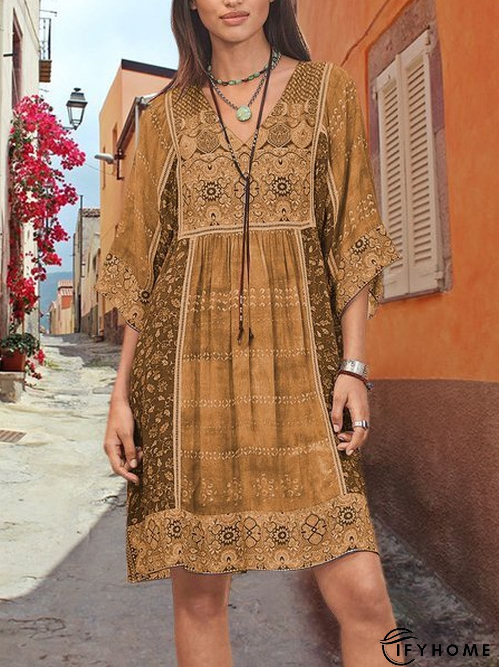 Women Half Sleeve V-Neck Vintage Floral Casual Midi Dress | IFYHOME