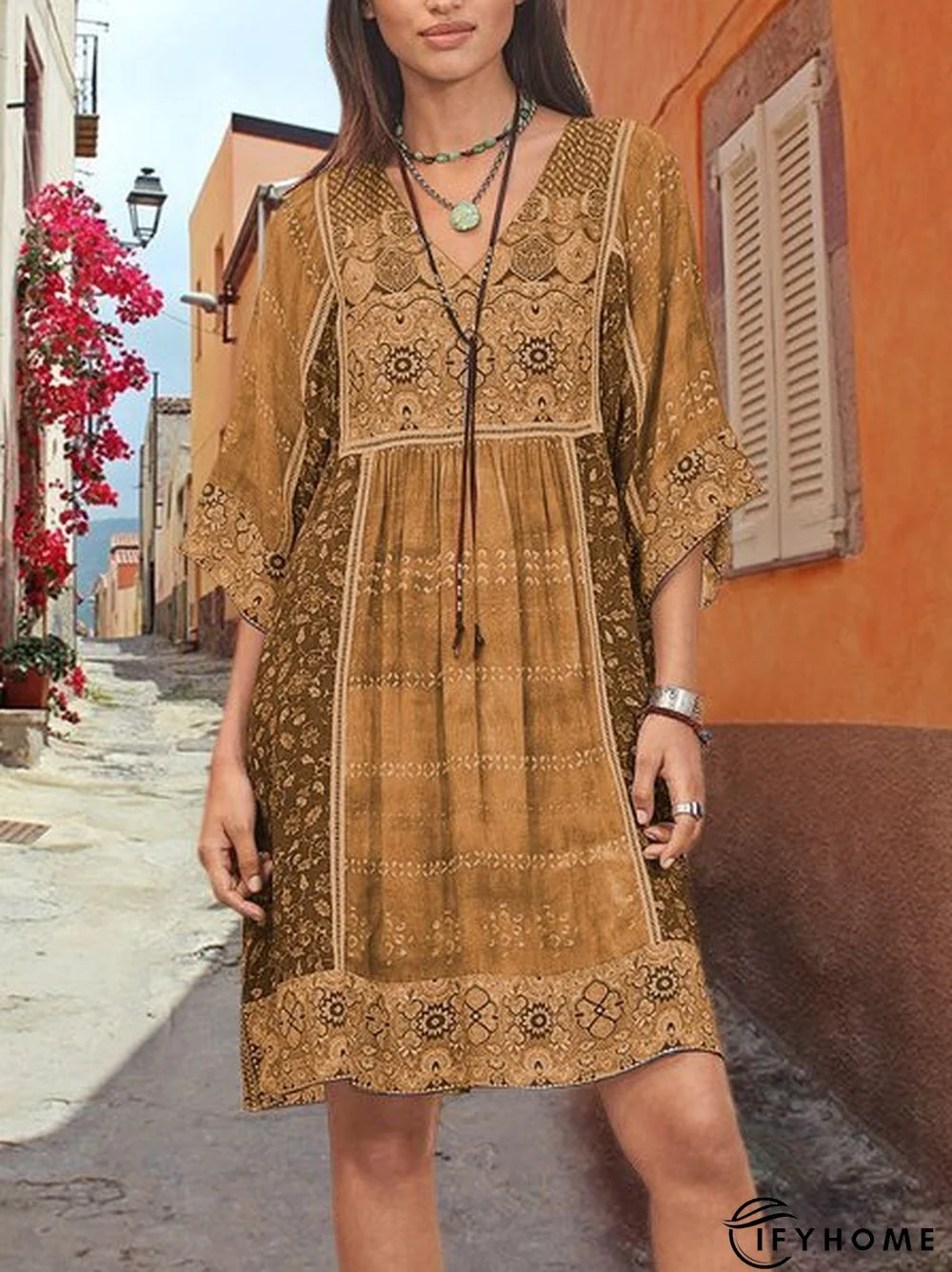 Women Half Sleeve V-Neck Vintage Floral Casual Midi Dress | IFYHOME
