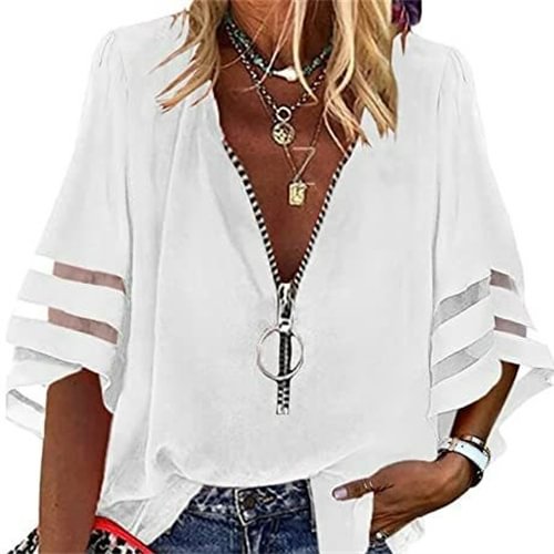 Women's V-neck Zip-up Shirt With Half Flared Sleeves Mesh Stitching Loose Casual Shirt