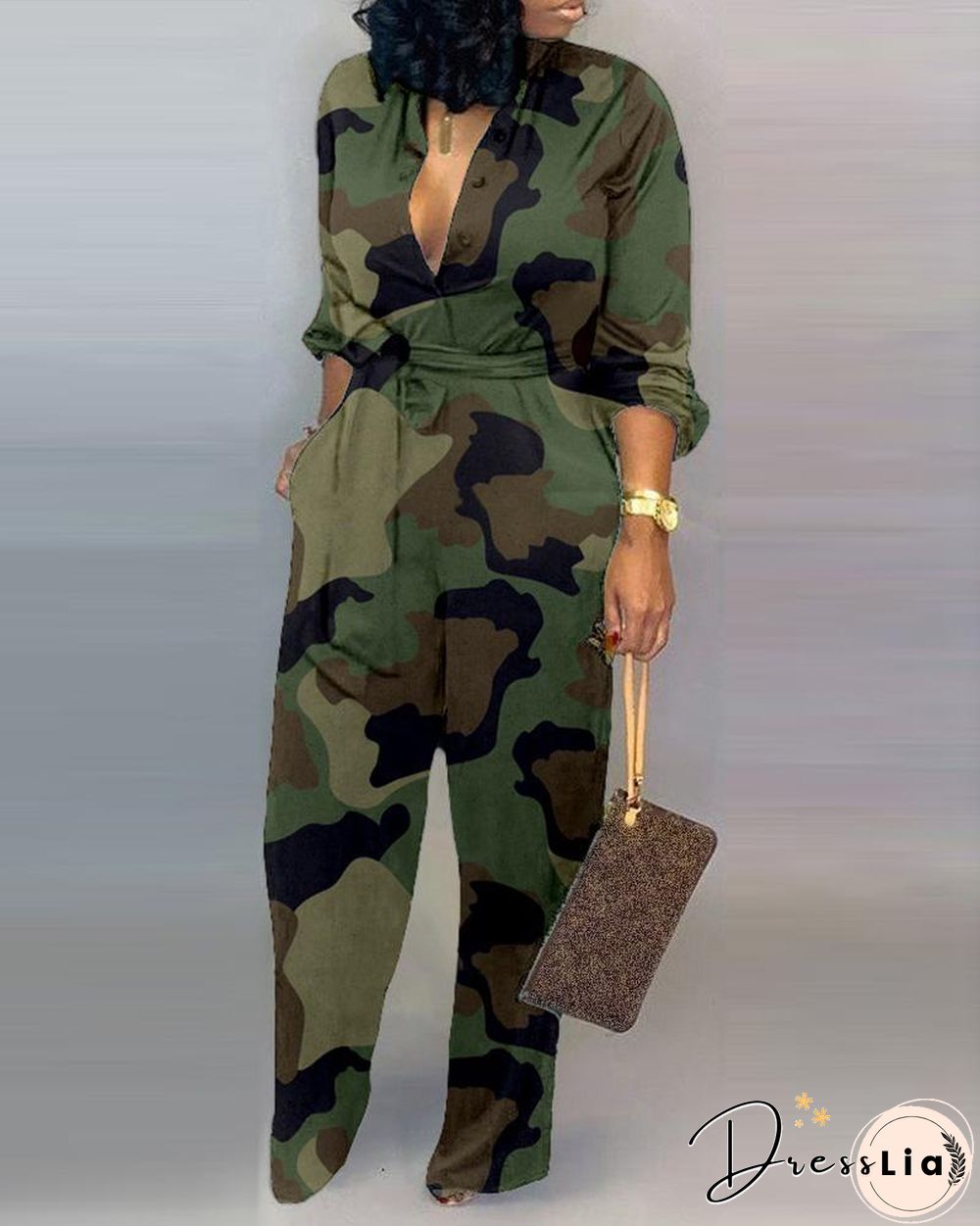 V Neck Camouflage Print Buttoned Jumpsuit