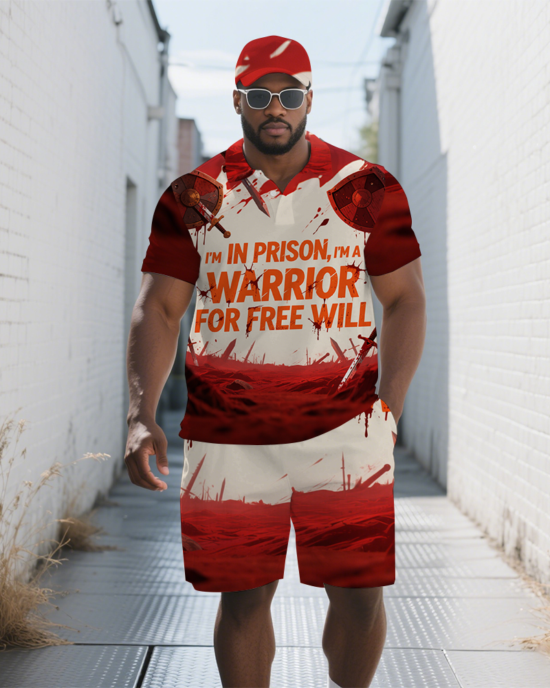 Big Men's WARRIOR Theme Battlefield Gradient Short Sleeve Polo Shirt and Shorts Set