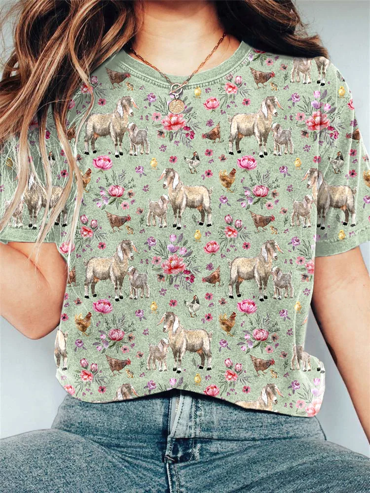VChics Floral Farm Animal Print Casual Cotton T-Shirt