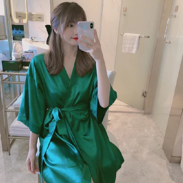 oversize Japanese Robes Sexy lady Half sleeve Ice Silk mini night Dress Gown Bathrobe Fashion Nightwear