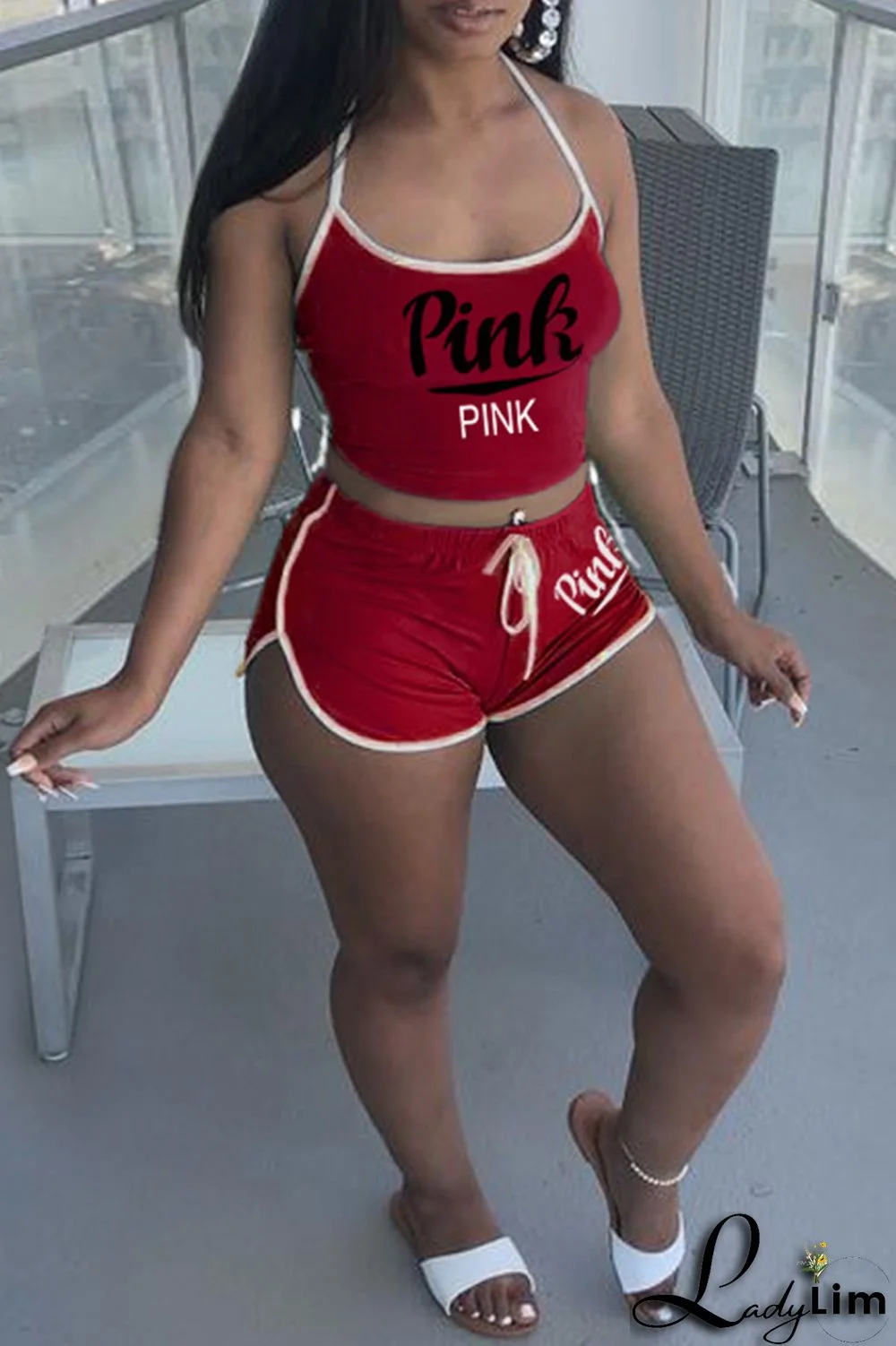 Burgundy Sexy Casual Letter Print Backless Halter Sleeveless Two Pieces