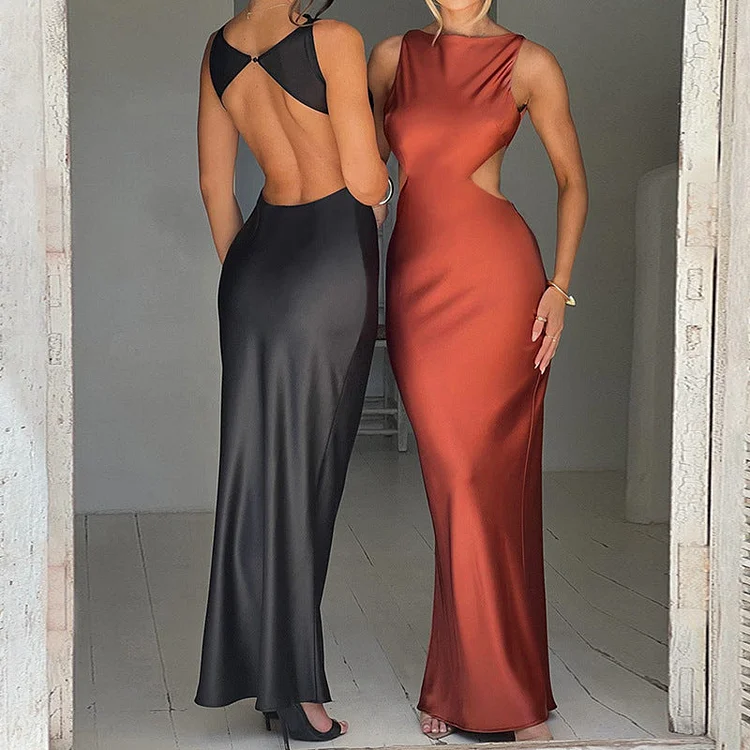 Women’s Spring Solid Color Backless Slim Fit Elegant Dress – Round Neck Sexy Style