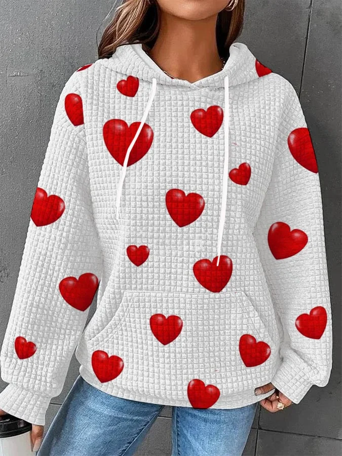 Women's Full Love Heart Waffle Hoodie Drawstring Sweatshirt