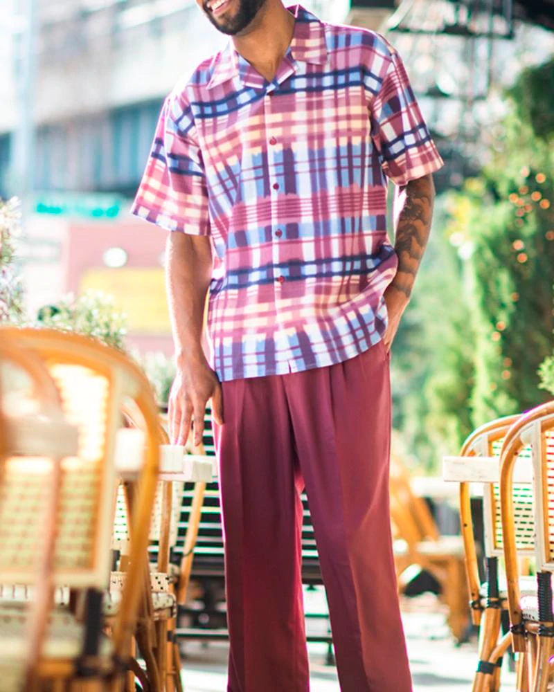 Short Sleeve Printed Two Piece Walking Suit Trousers