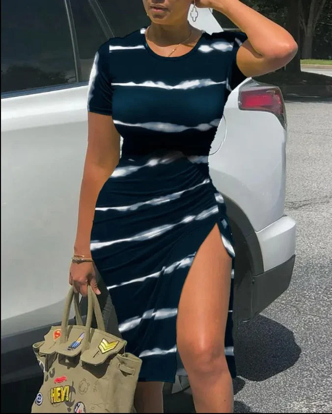 Summer Drawstring Dress Women Fashion Print V-neck Short-sleeved Drawstring Tight Tshirt Dress Women