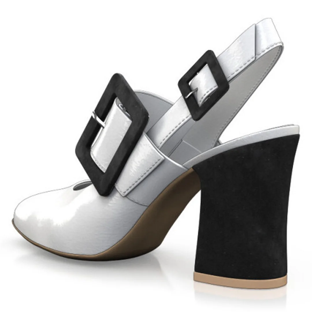 White & Black Round Toe Chunky Heel Patchwork Buckle Slingback Shoes