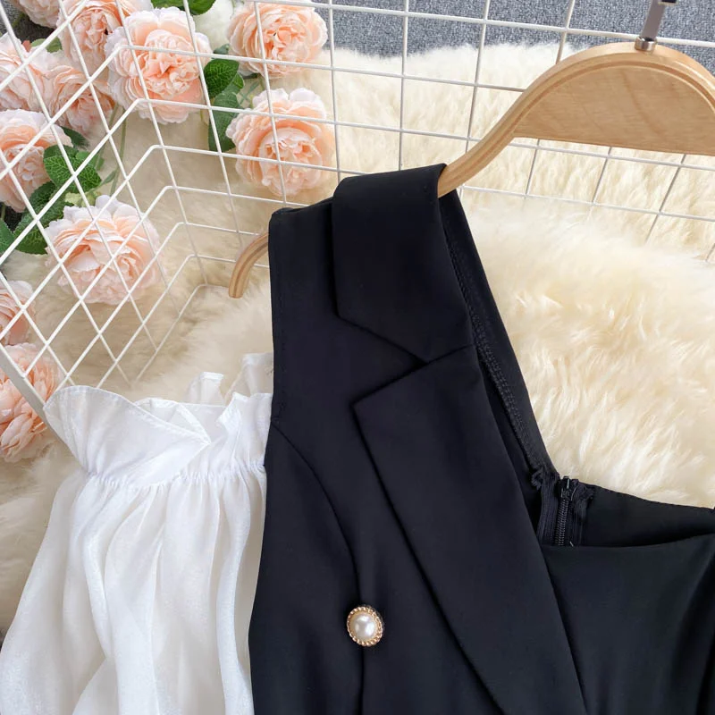 FTLZZ New Summer Irregular Ladies Contrast Design Jumpsuit Sweet Puff Sleeve Slim Rompers Shorts High Waist Wide Leg Jumpsuit