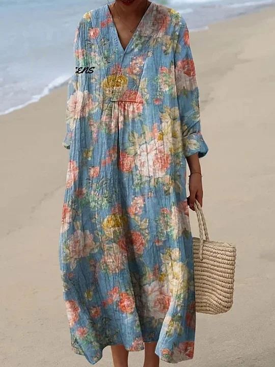 Women's Vintage Lovely Floral Art Print Cotton Dress